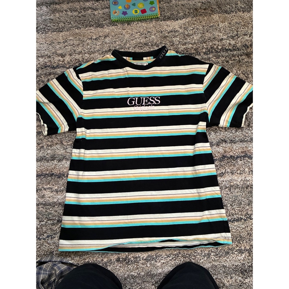 Guess Originals Striped T-Shirt Mens Small Black Teal White Pink Logo Tee